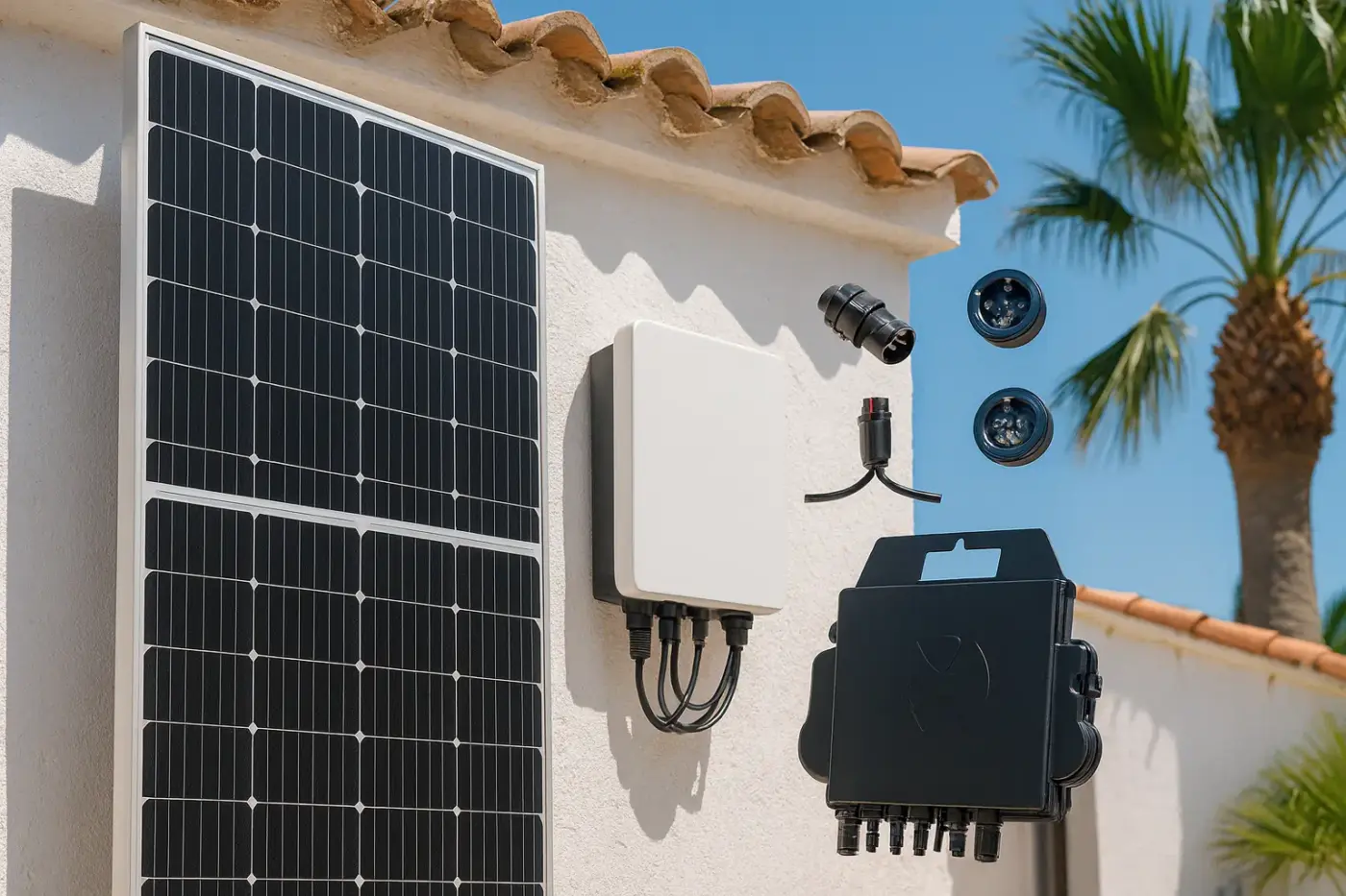 Solarpanel mit Wechselrichter und Steckverbindungen an einer Hauswand in mediterraner Umgebung – Komplettset für ein Balkonkraftwerk unter der Sonne Spaniens.