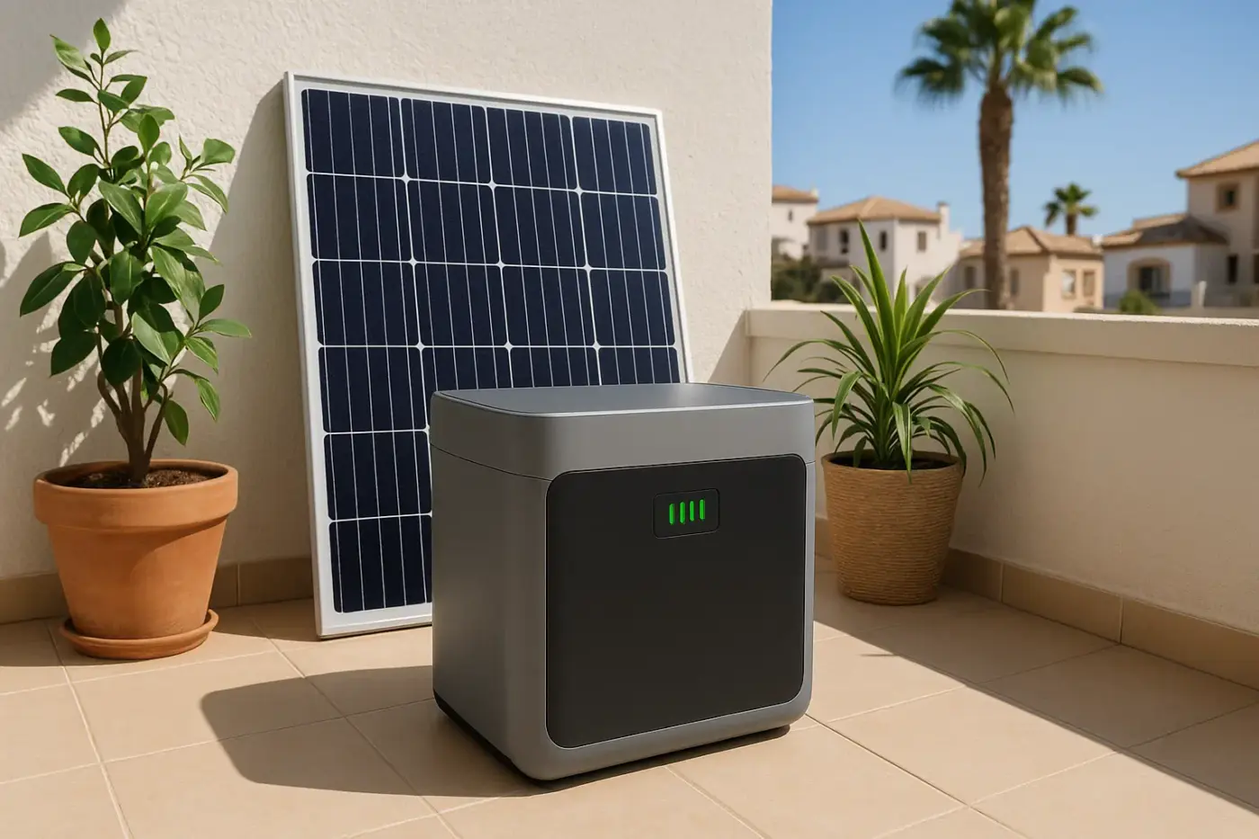 Kompakter Balkonspeicher neben einem Solarpanel auf einer sonnigen Terrasse in Spanien – ideal zur Stromspeicherung für Balkonkraftwerke und kleine Solaranlagen.