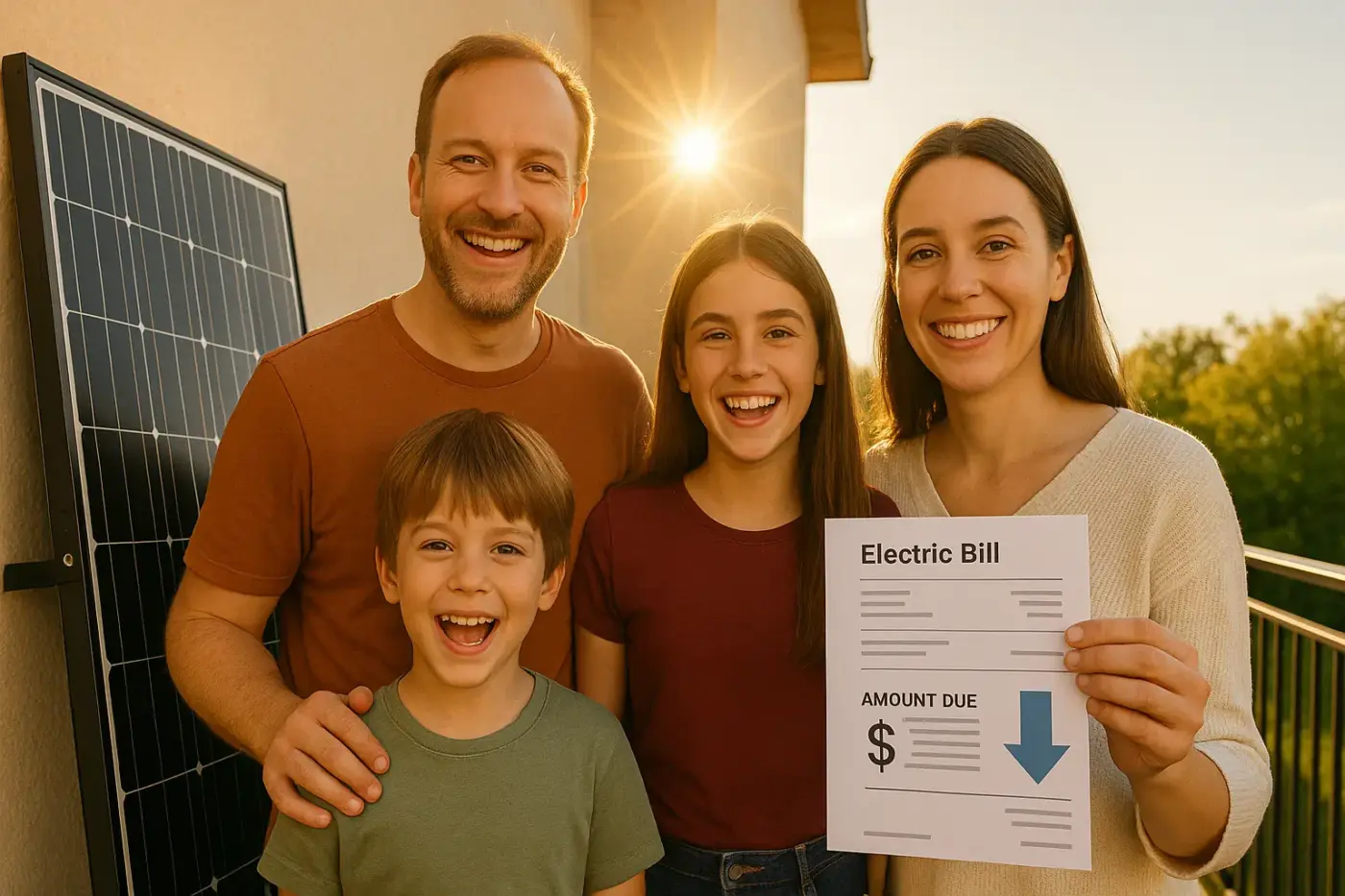 Eine Familie in Orihuela Costa steht vor ihrer Solaranlage und freut sich über die Senkung ihrer Stromkosten.
