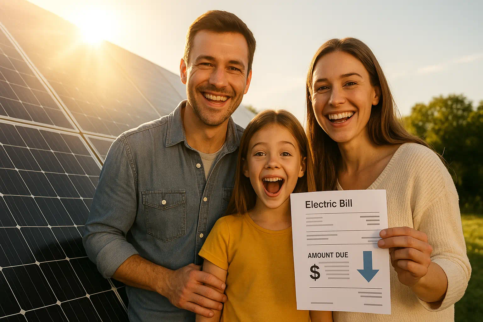 Glückliche Familie neben Solarpanelen in der Sonne, die sich über eine deutlich gesenkte Stromrechnung freut.