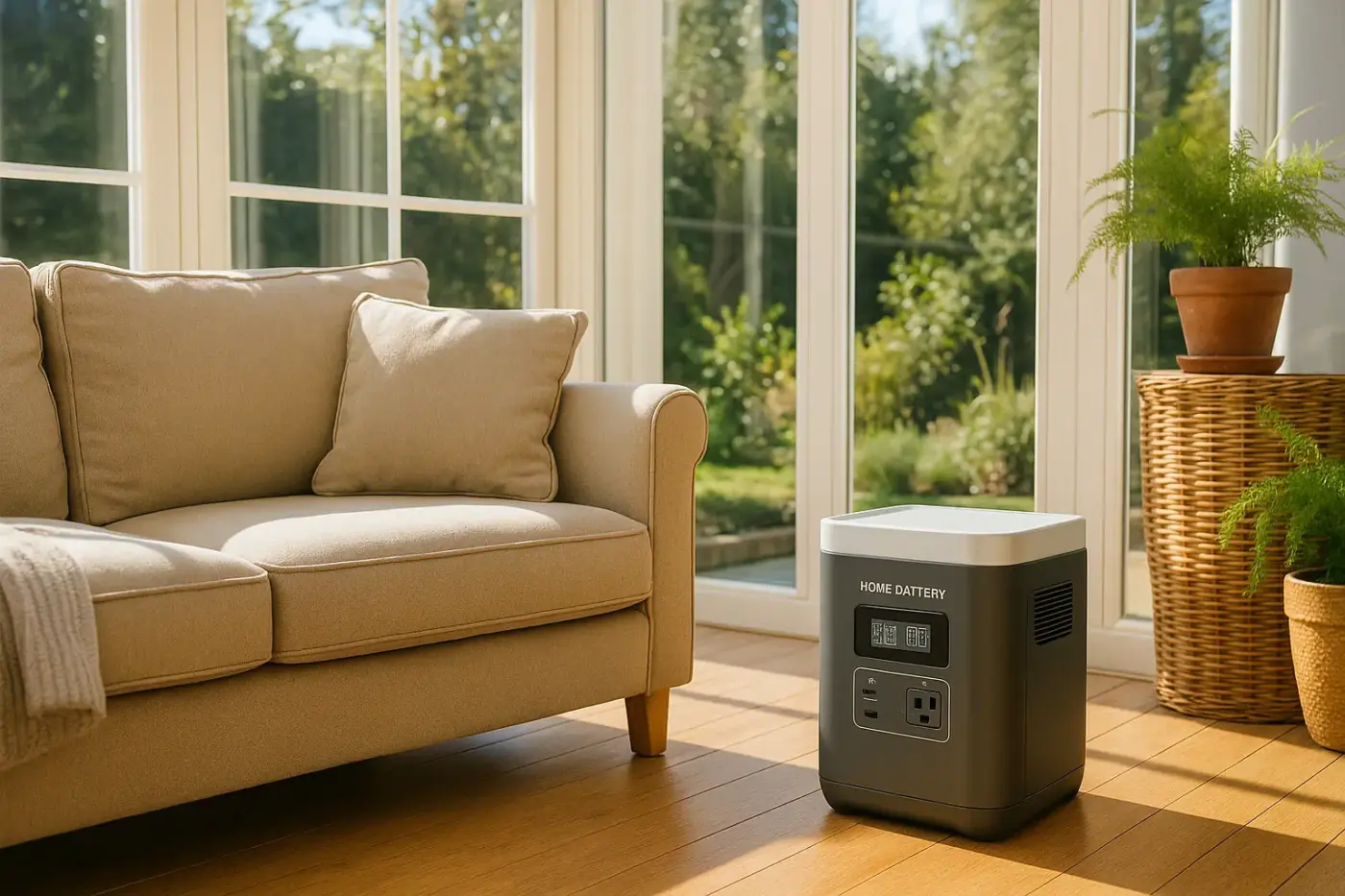 Kleiner mobiler Batteriespeicher steht dezent neben einem Sofa im sonnendurchfluteten Wintergarten – Symbol für flexible und unabhängige Solarstromspeicherung.