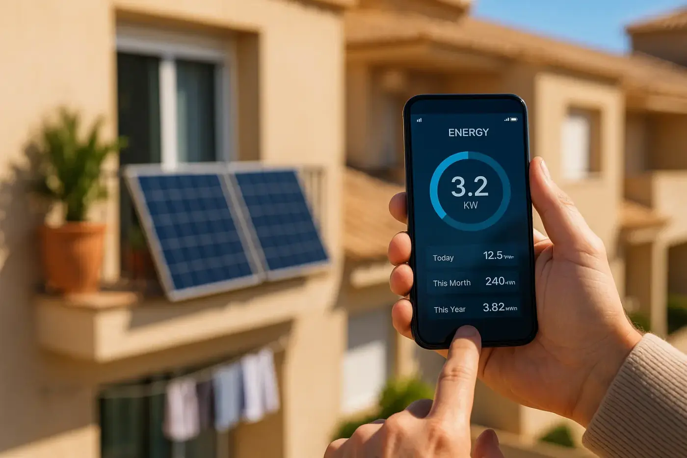 Kunde in Torrevieja verfolgt Energieertrag seiner Solaranlage per App.
