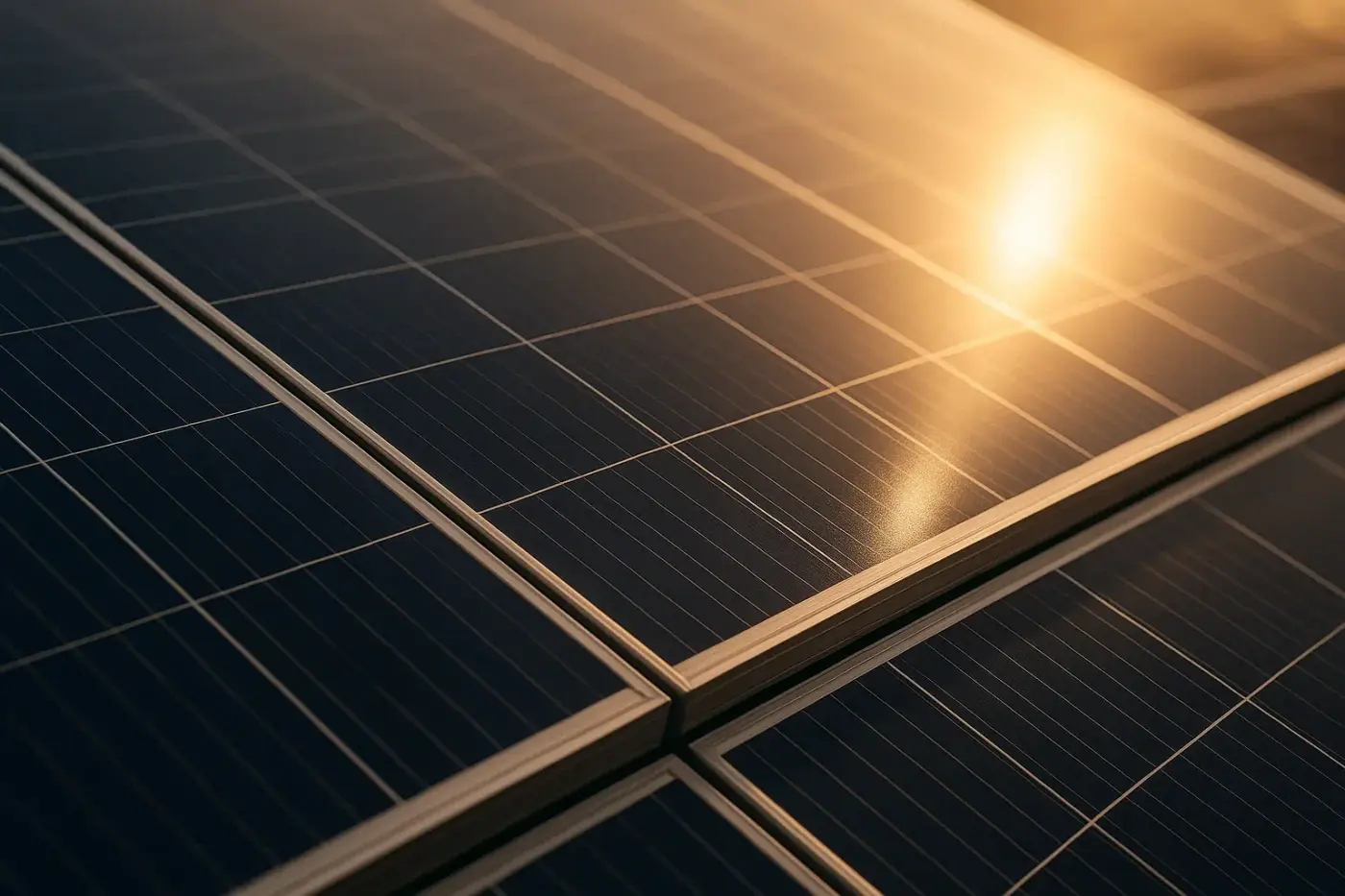 Nahaufnahme eines modernen Solarmoduls in der Sonne – glänzende Photovoltaikzellen mit warmem Lichtreflex, symbolisch für saubere Energie und nachhaltige Stromerzeugung an der Costa Blanca.