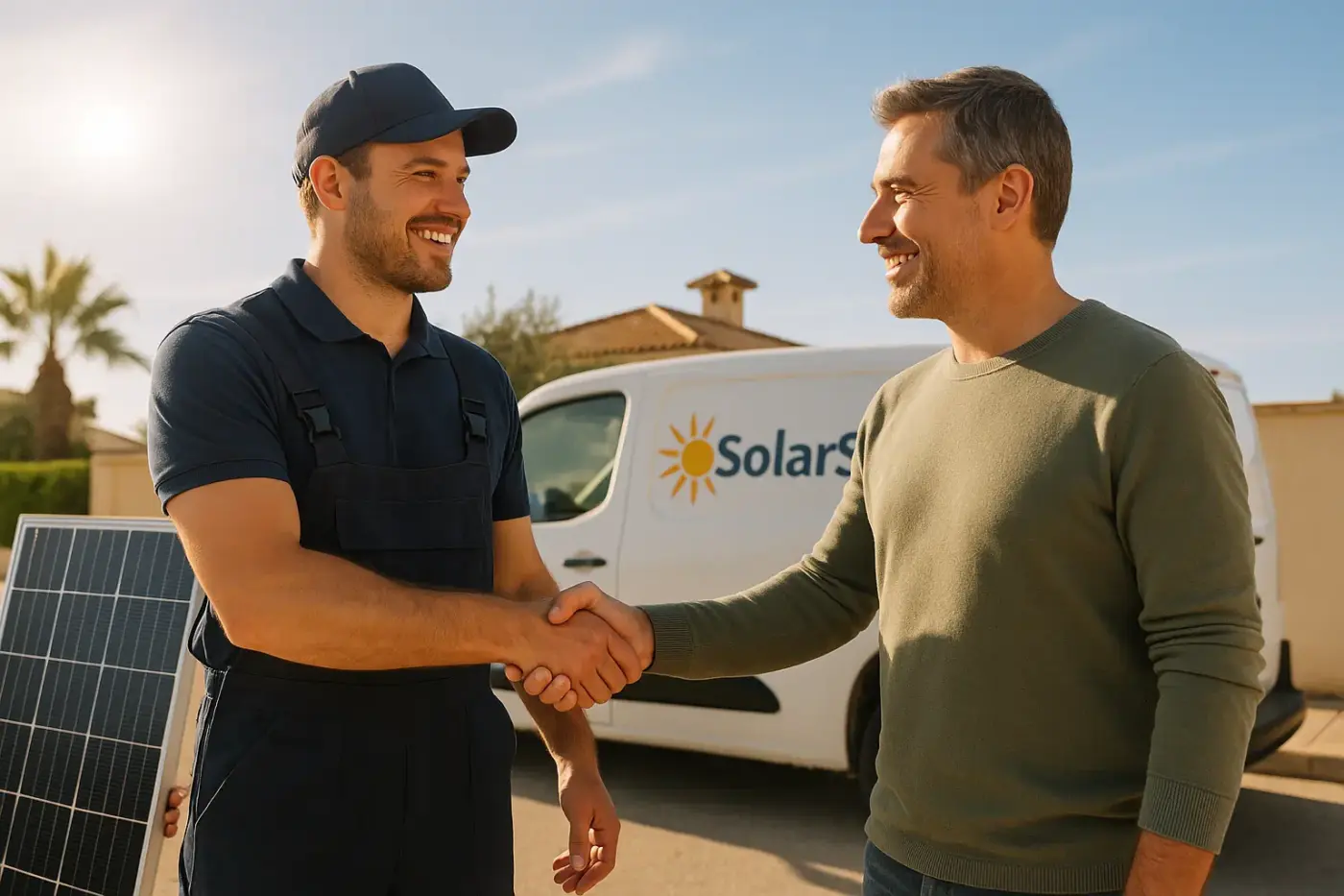 Solarinstallateur berät Kunden in Torrevieja zur Montage einer Solaranlage.